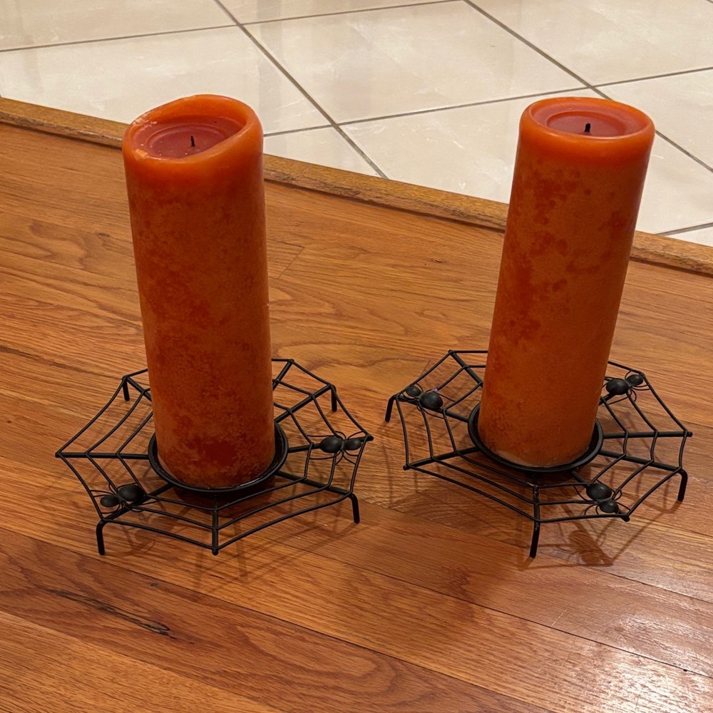 Halloween Cost Plus World Market Orange Candle Set with Spider Web Holders